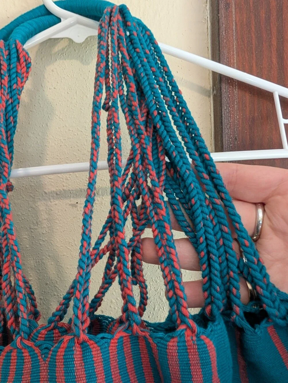 Mercado Bag Chiapas Woven Tote Bag By Collectivo In Teal And Coral 100% Cotton